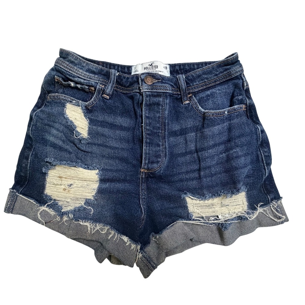 Hollister Curvy Ultra High Rise Mom Shorts Dark Wash Distressed Denim Size 7 W28